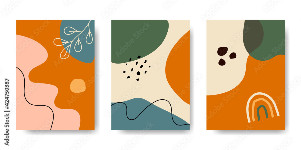 A collection of three abstract backgrounds. Hand drawing various shapes and doodle objects. Trendy modern contemporary vector illustration. Every background is isolated. Pastel color.