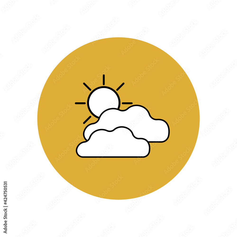 Cloud and sun icon with black outline in yellow circle. Cloudy and sunny weather forecast. Meteorological software. Real-time weather data. Smartphone user interface button. Cloud and sun icon with black outline in yellow circle. Cloudy and sunny weather forecast. Meteorological software. Real-time weather data. Smartphone user interface button.