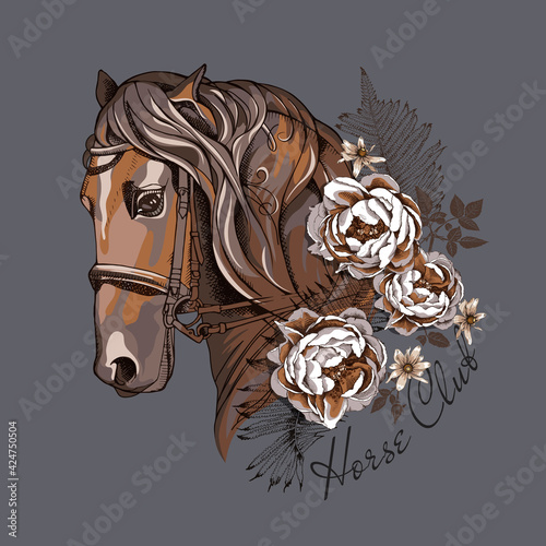 Vector illustration. Portrait of the brown Horse with Rose flowers and leaves on a gray background. Emblem, t-shirt composition, hand drawn style print.