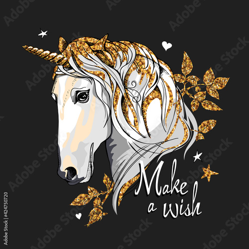 Vector illustration. Portrait of the white Unicorn with a golden sparkle mane and leaves on a black background. Make a wish - lettering quote. Poster, emblem composition, hand drawn style print.