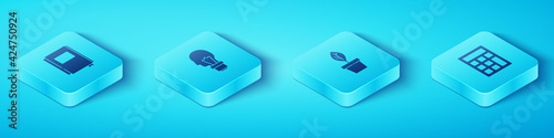 Set Isometric Book, Light bulb with concept of idea, Calculator and Plant in pot icon. Vector