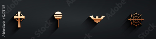 Set Tombstone with cross, Lollipop, Flying bat and Spider web icon with long shadow. Vector