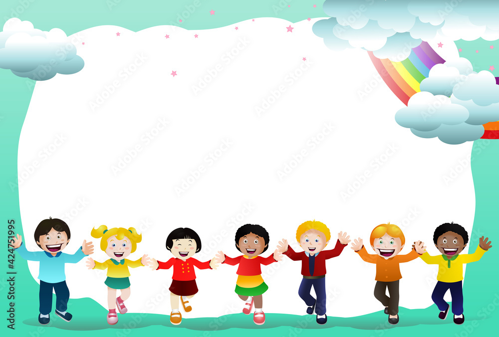 cheerful group kids on cloud rainbow