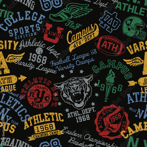 Vintage American college sporting badges collage vector seamless pattern