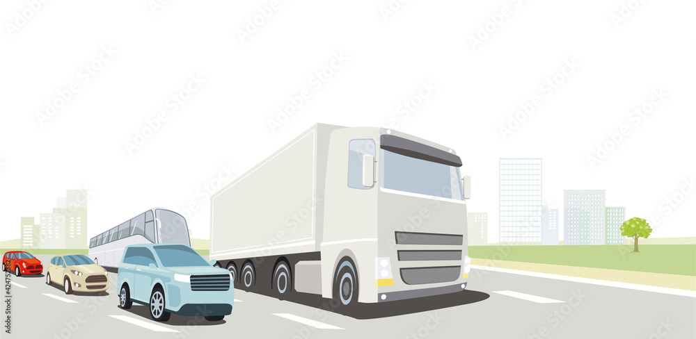 Straßenverkehr mit LKW, Bus und Personenwagen Straßenverkehr mit LKW, Bus und Personenwagen