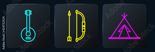 Set line Banjo, Indian teepee or wigwam and Bow and arrow in quiver. Black square button. Vector