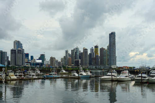 Panama city skyline with boats in the foreground