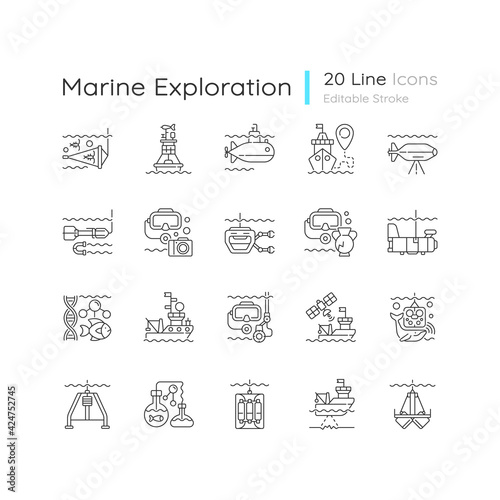 Marine exploration linear icons set. Increasing knowledge of marine animals. Discovering world nature. Customizable thin line contour symbols. Isolated vector outline illustrations. Editable stroke