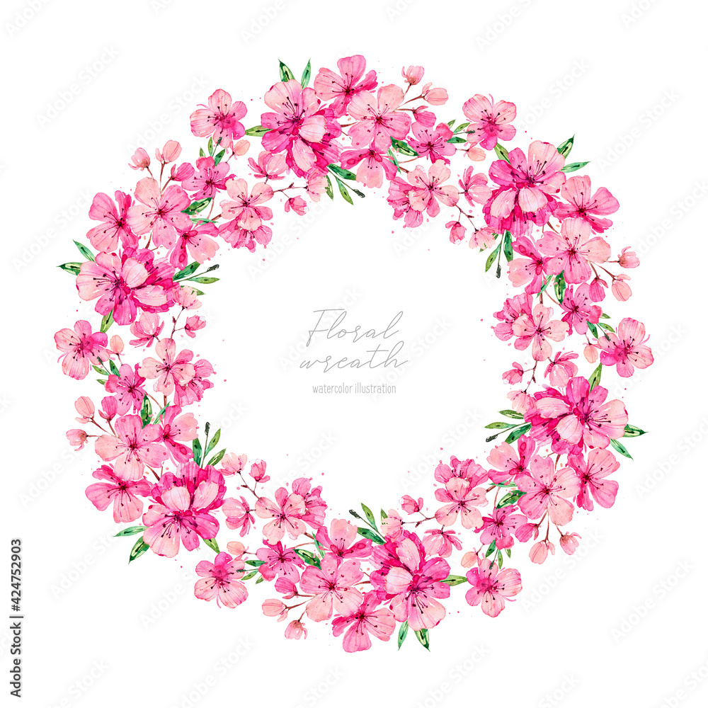 Hand painted watercolor wreath with pink Apple and Cherry flowers isolated on white background. Botanical hand drawn illustration for wedding invitations, prints, greeting cards, birthday