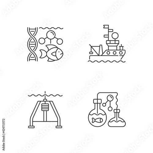 Marine exploration linear icons set. Marine chemistry tools. Hydraulically damped gravity corer. Customizable thin line contour symbols. Isolated vector outline illustrations. Editable stroke