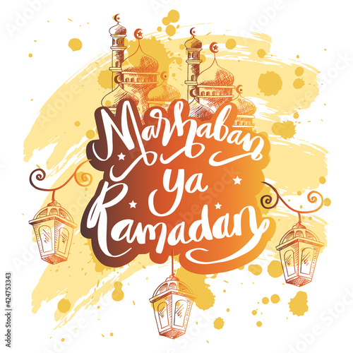 Hand drawn marhaban ya ramadan with lanterns and mosque.