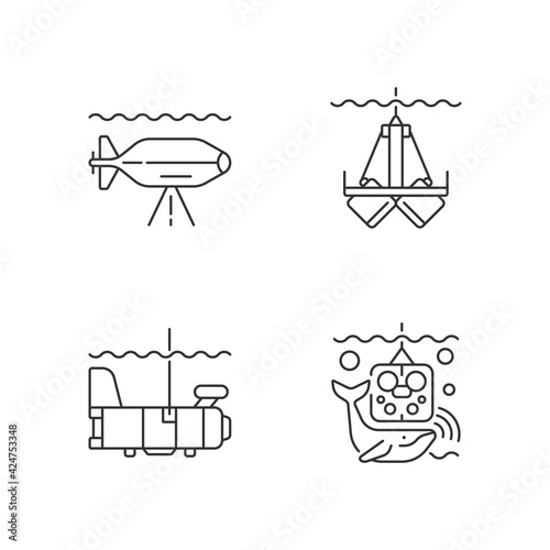 Marine exploration linear icons set. Underwater inspection devices and equipment. Research vessel. Customizable thin line contour symbols. Isolated vector outline illustrations. Editable stroke
