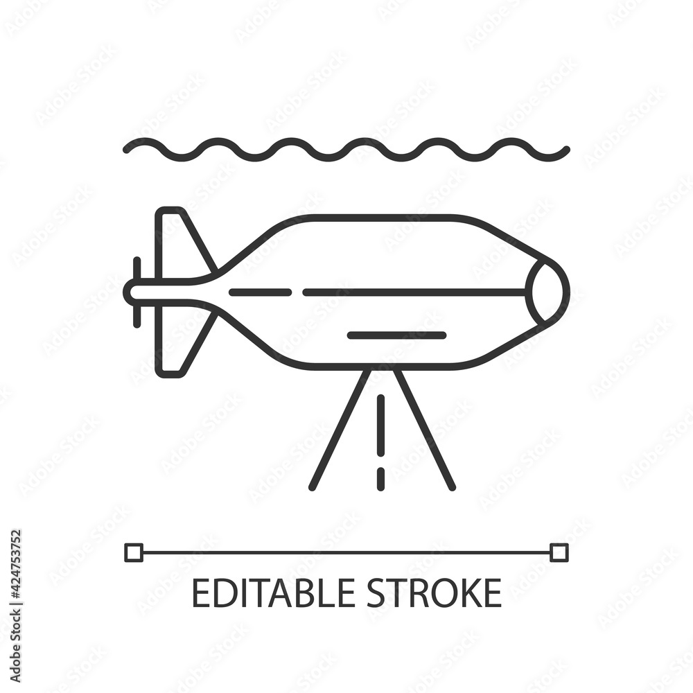 Fototapeta premium AUV linear icon. Autonomous underwater vehicle is robot that travels underwater without operator. Thin line customizable illustration. Contour symbol. Vector isolated outline drawing. Editable stroke