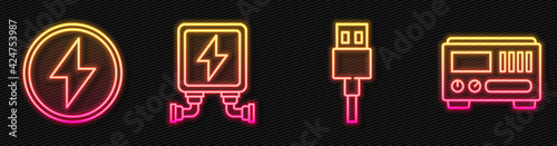 Set line USB cable cord, Lightning bolt, Electric transformer and Electrical measuring instruments. Glowing neon icon. Vector