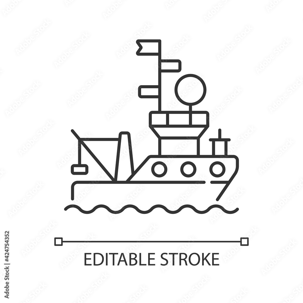 Research vessel linear icon. Ship or boat designed and equipped to carry out research at sea. Thin line customizable illustration. Contour symbol. Vector isolated outline drawing. Editable stroke Research vessel linear icon. Ship or boat designed and equipped to carry out research at sea. Thin line customizable illustration. Contour symbol. Vector isolated outline drawing. Editable stroke