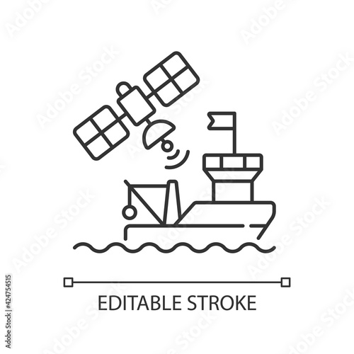 Satellite communication linear icon. Telecommunications which use satellites to communicate. Thin line customizable illustration. Contour symbol. Vector isolated outline drawing. Editable stroke