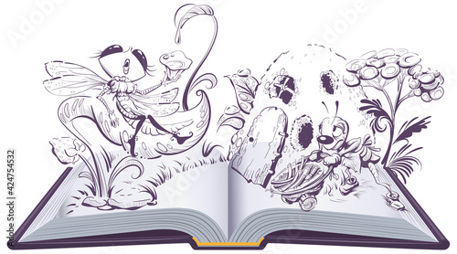 Dragonfly and ant fable open book illustration