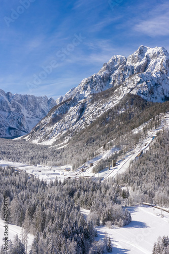 Aerial view of Ski Jump in Planica, Slovenia at Ratece near Kranjska gora in winter with snow.