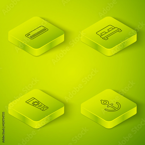 Set Isometric Big bed, Sunscreen cream in tube, Anchor and Air conditioner icon. Vector