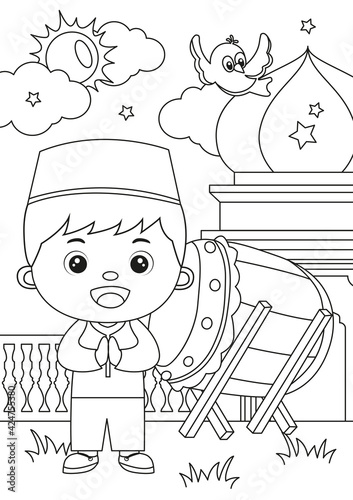 Coloring page of cute muslim boy in front of mosque and bedug. Coloring book design for kids and children.