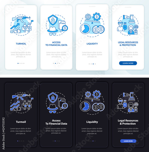 Global stock issue onboarding mobile app page screen with concepts. Turmoil, legality walkthrough 4 steps graphic instructions. UI, UX, GUI vector template with linear night and day mode illustrations