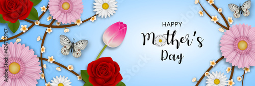 happy mother's day banner with flowers and butterflies