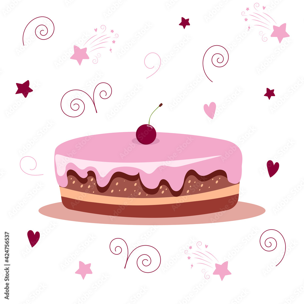 Sweet cake with cream and cherry on top. Vector illustration isolated on a white background. Sweet cake with cream and cherry on top. Vector illustration isolated on a white background.