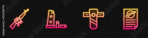 Set line Knife holster, M16A1 rifle, Gun magazine and bullets and Firearms license certificate. Glowing neon icon. Vector