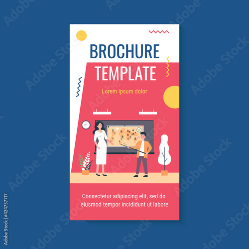 Pupil standing with pointer near map and teacher. Geography, compass, lesson flat vector illustration. Study and education concept for banner, website design or landing web page