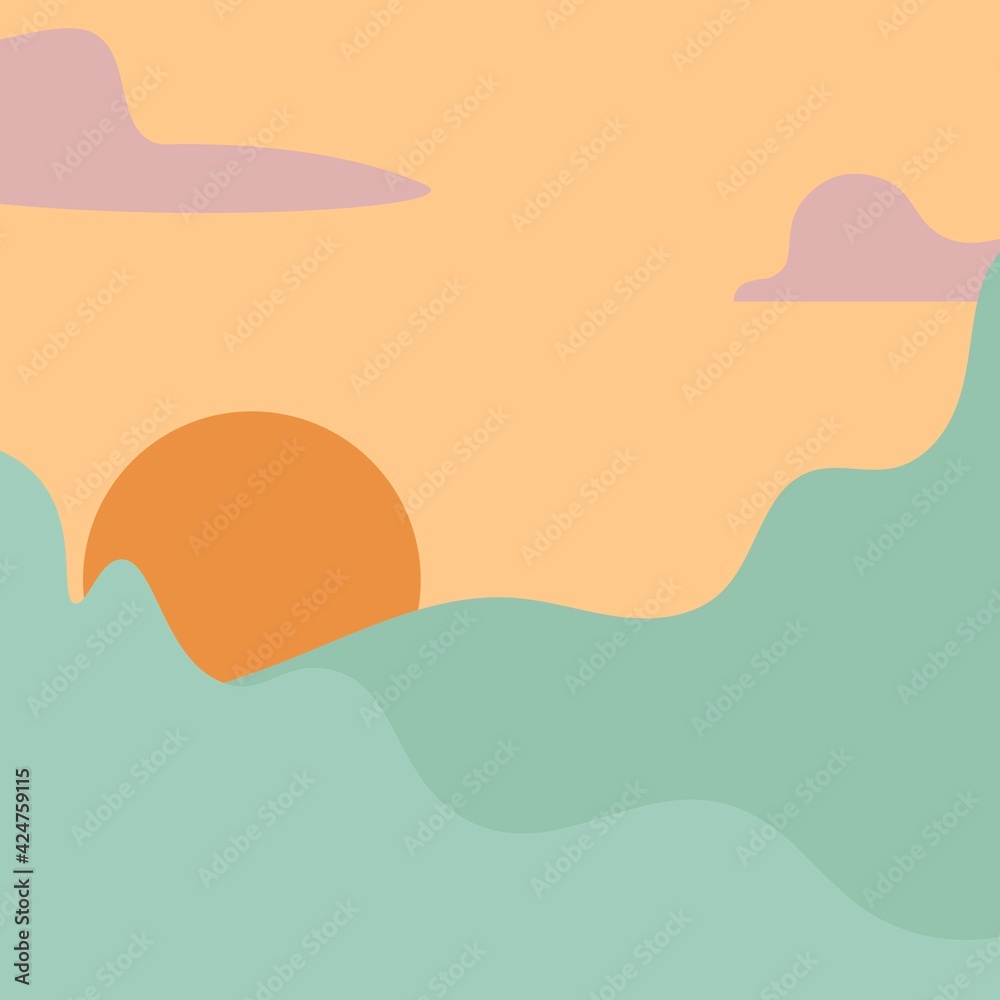 Flat vector image of a sunny sunset in the mountains. Minimalism. Dawn against the backdrop of green mountains in pastel shades. 