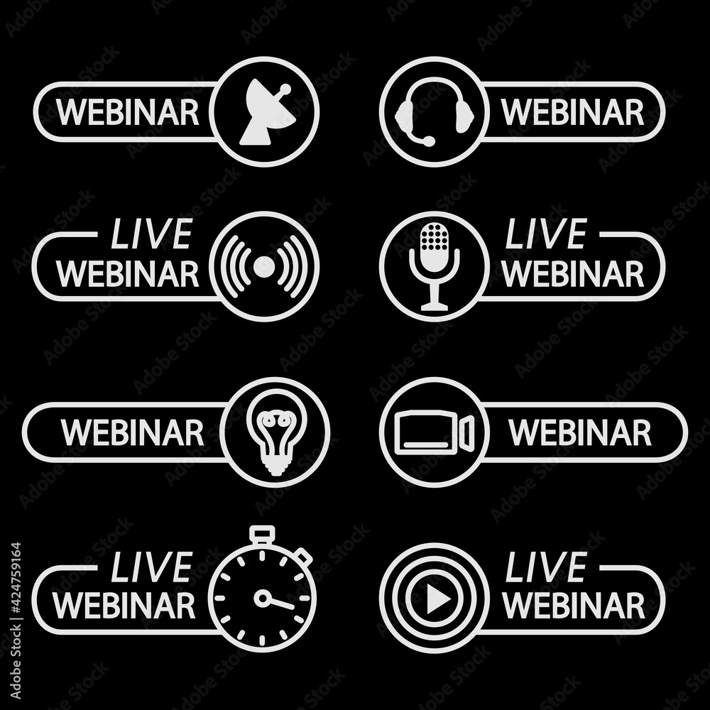 Live webinar buttons. Outline icons for video conference, webinar, Video chats, online course, distance education, video lecture, conference, live streaming. Broadcasting in real time Live webinar buttons. Outline icons for video conference, webinar, Video chats, online course, distance education, video lecture, conference, live streaming. Broadcasting in real time