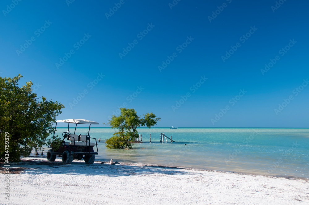 A Golf car in a deserted tropical white sandy beach near a small tree in Holbox Mexico Island. In the background the blue sky and the Caribbean ocean. Transport and tourism concept