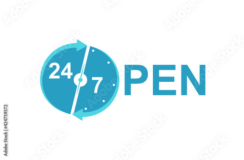 Vector Open 24/7 sign isolated on white background, blue color. 