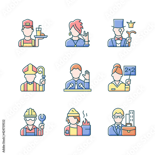 Social class RGB color icons set. Working poor. Subculture group. Aristocratic elite. Clergy status. White, blue, pink collar workers. People of social classification. Isolated vector illustrations