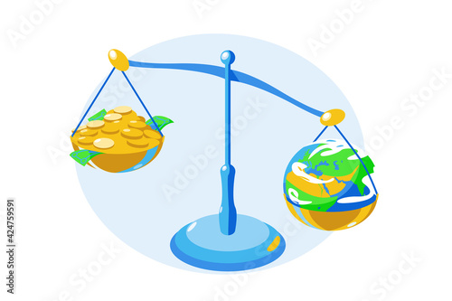 Money and earth on bowls of scales photo