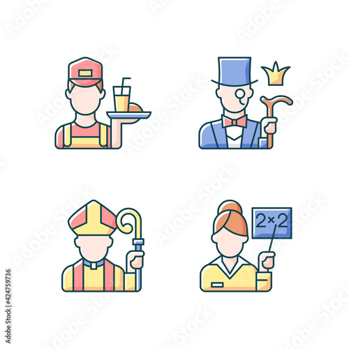 Social class type RGB color icons set. Working poor. Aristocratic elite. Clergy, pink collar. People of varios social classification, different group members. Isolated vector illustrations © bsd studio