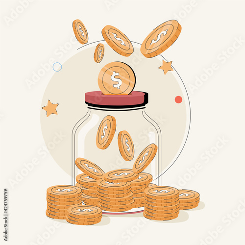 Glass money jar full of gold coins. Saving dollar coin in moneybox. Growth, income, savings, investment, wealth.