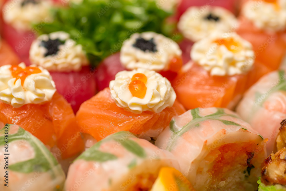 macro shot of sushi with caviar