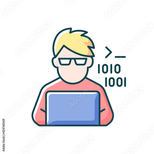 Programmer, computer expert RGB color icon. Man coding on laptop. Freelance software developer at work. Coder at laptop. Social class. Social classification group member. Isolated vector illustration