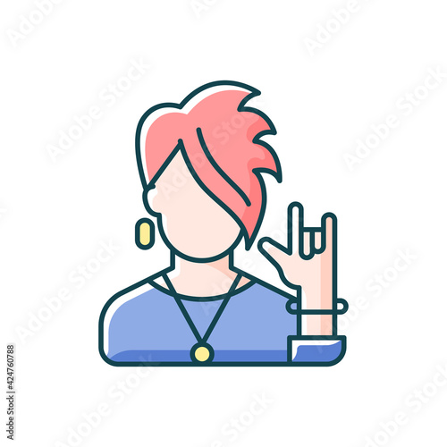 Subcultures RGB color icon. Rocker style. Punk clothing on teenager. Adult with goth appearance. Goth young person. Social group member, society category. Isolated vector illustration