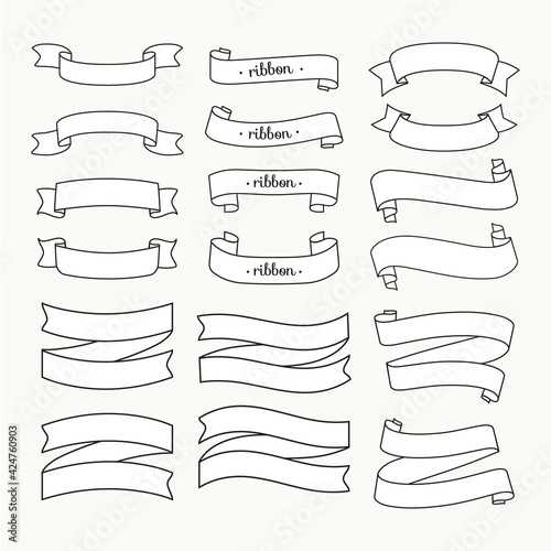 Flat vector design outline and white ribbons set .