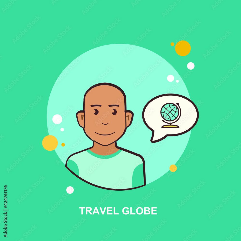 Travel globe with person standing front view on green background flat concept design Travel globe with person standing front view on green background flat concept design
