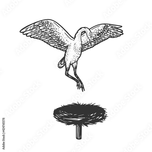 crane stork bird hovers over the nest sketch engraving vector illustration. T-shirt apparel print design. Scratch board imitation. Black and white hand drawn image.