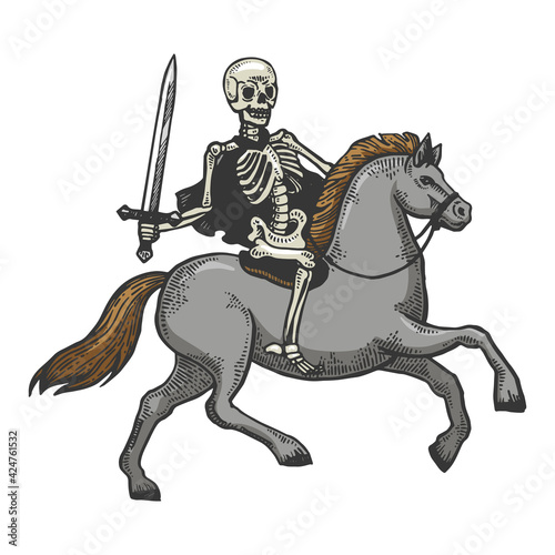 Skeleton warrior with sword ride horse sketch engraving vector illustration. T-shirt apparel print design. Scratch board imitation. Black and white hand drawn image.