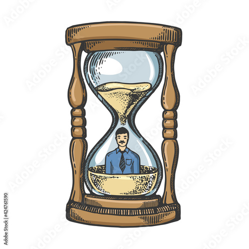 Man disappear in sand watch glass covered by sand sketch engraving vector illustration. T-shirt apparel print design. Scratch board imitation. Black and white hand drawn image.