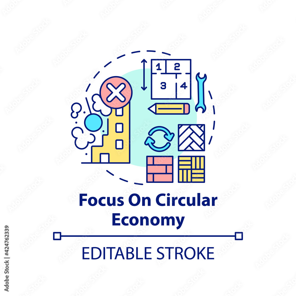 Focusing on circular economy concept icon. Future office design trend idea thin line illustration. Resource-efficient approach. Vector isolated outline RGB color drawing. Editable stroke