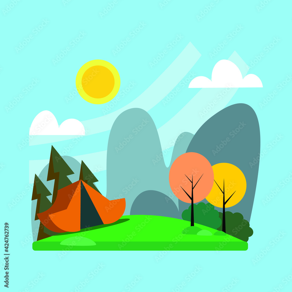 Summer camping design. Camping theme. Landscape with a tent and nature. Flat vector illustration.