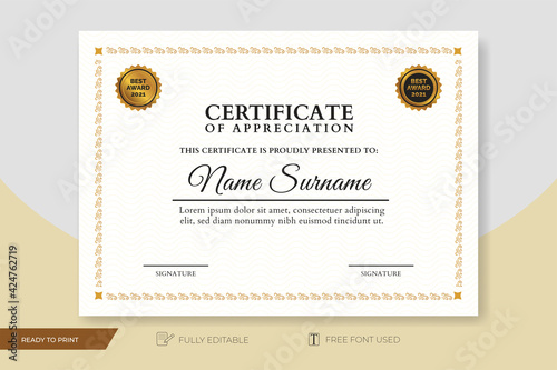 Simple certificate template, gold ornament frame border and badge.