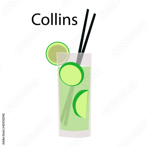 Collins cocktail glass minimalist flat hand drawn vector icon EPS10