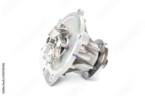 Fotografía Car water pump ( roller and fan ) with timing belt and bolts isolated on white background
